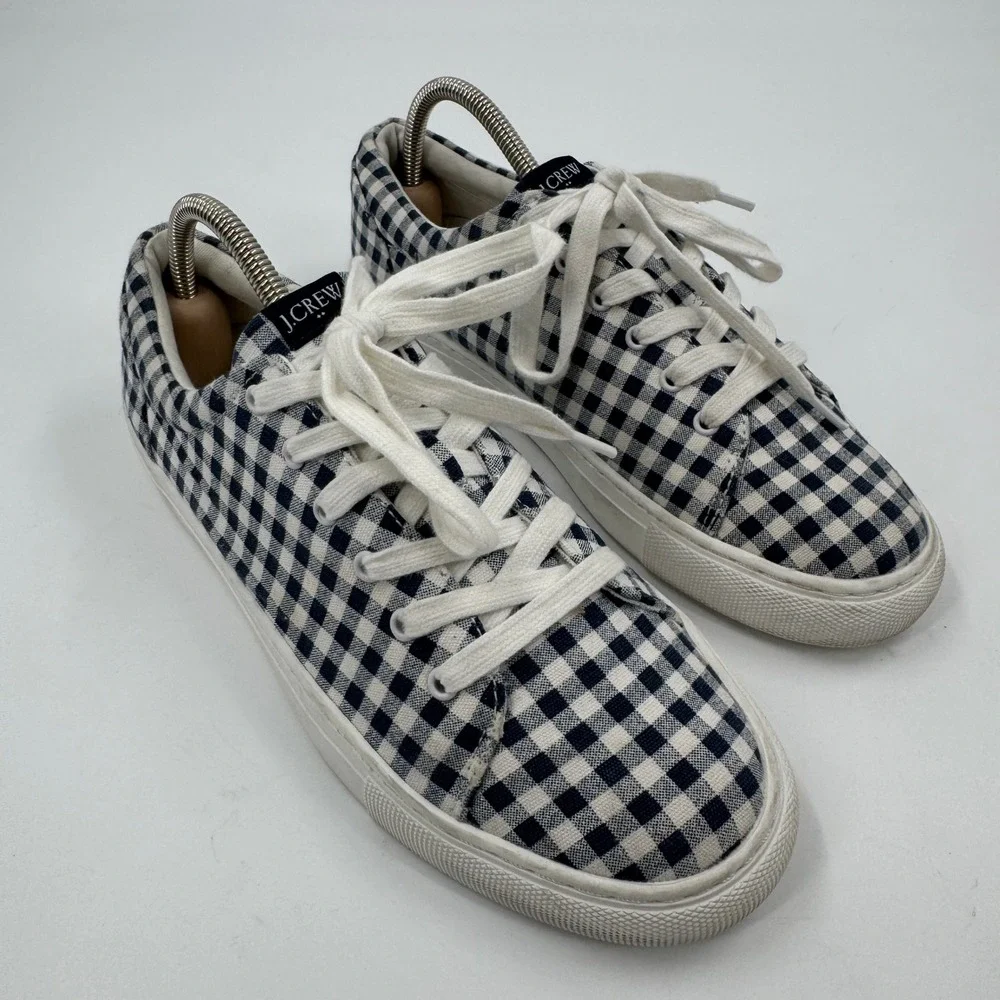 J.Crew Gingham Low Top‎ Sneaker Womens 8 Navy White Checkered BG338 Lace Up